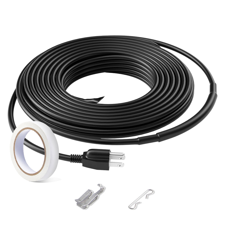 Coiled black heated pipe cable with grounded plug, roll of heat‑sensitive tape and metal clips