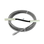 Coiled metal drain auger snake with white handles and a spiral tip, laid flat on a white background