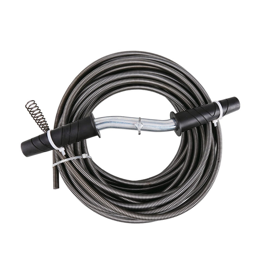 Coiled metal drain snake cable with bent galvanized torque-style steel handle and exposed spring tip on white background.