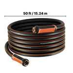 Coiled black and orange garden hose shown against white background with 50 ft / 15.24 m measurement above the product.