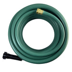 Top-down view of a coiled green garden hose with visible brass male connector and black female handle