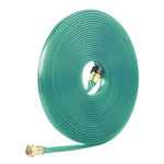 Side view of a neatly coiled flat green garden hose showing brass and black plastic hose connectors