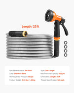 Coiled stainless-steel garden hose with orange-black spray nozzle and four rubber washers, product specs panel showing length and pressure.