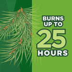 Graphic showing stylized pine branch and bold text proclaiming 'Burns up to 25 hours' on green background