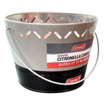 Gray-and-black Coleman citronella candle bucket with handle and label stating citronella candle and burn time