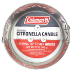 Top-down view of a Coleman citronella candle showing three wicks and label reading citronella candle, 20 oz