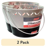 Two gray-and-black Coleman citronella candle buckets shown together with label reading citronella candle