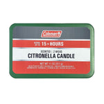Top-down view of Coleman label on green tin reading ‘Citronella Candle’ with 15+ hours and net wt 11 oz