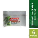 Front-facing silver Coleman citronella candle tin with pine artwork and green vertical banner reading citronella candle