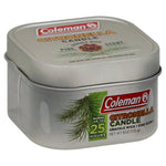 Silver Coleman citronella candle tin showing pine scent label, crackle wick note and brand logo on lid