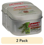 Two silver Coleman citronella candle tins with pine branch artwork and 25-hour burn claim, stacked slightly