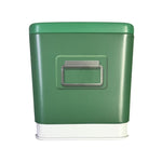 Green Coleman cooler-style tin shown from the end with recessed metal handle detail and white base