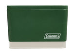 Green Coleman retro cooler tin with white base and Coleman logo on the lower right of the front panel