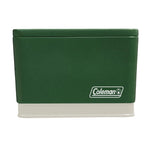 Green Coleman retro cooler-style rectangular tin with white base and Coleman logo on front