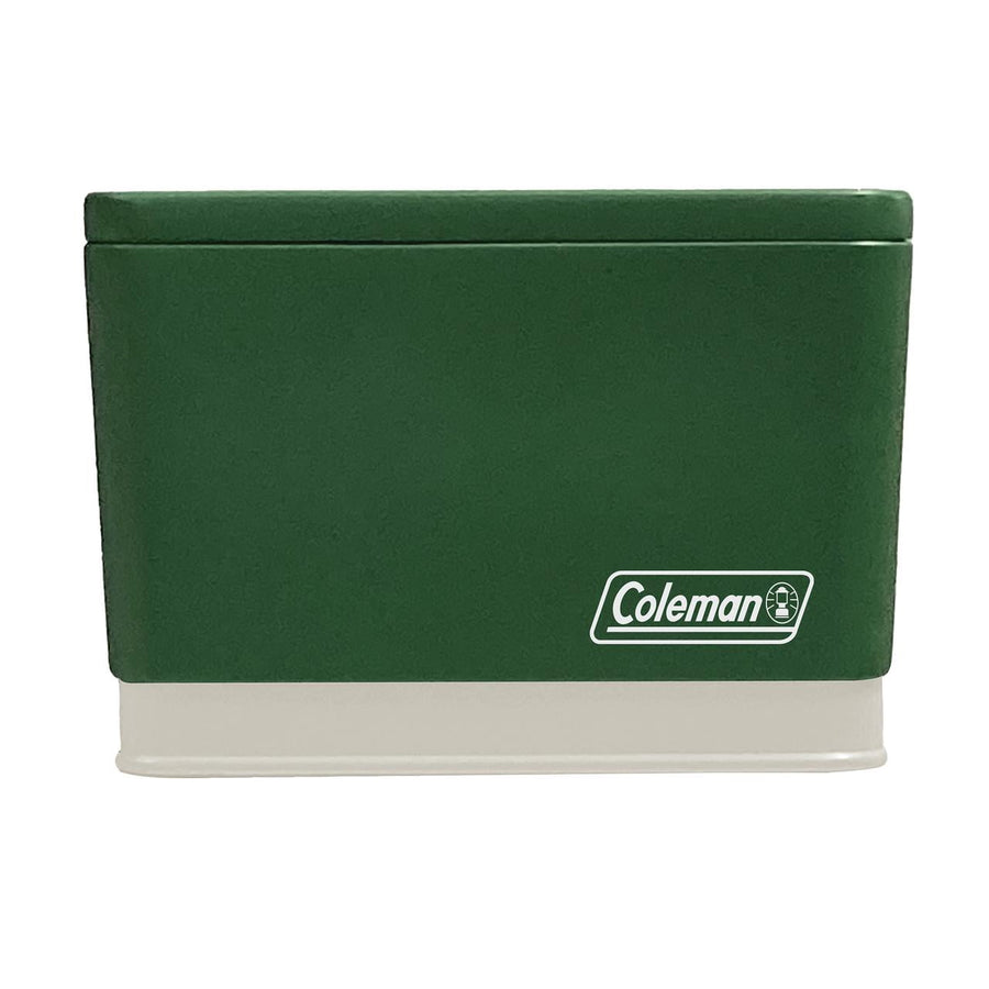 Green Coleman retro cooler-style rectangular tin with white base and Coleman logo on front