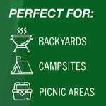 Green infographic panel reading 'Perfect for:' with icons and text listing backyards, campsites and picnic areas