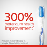 Marketing graphic stating "300% better gum health improvement" with a Colgate-style manual toothbrush at right