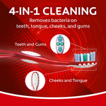 Informational Colgate graphic showing toothbrush profile with callouts for teeth, gums, cheeks and tongue cleaning