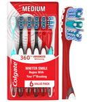 Red Colgate blister pack showing six Colgate 360 Advanced Whitening medium manual toothbrushes with one enlarged toothbrush head at right