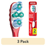 Close-up of a red Colgate 360° Advanced Whitening toothbrush head and retail card showing medium bristles