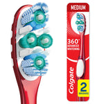Close-up of a red Colgate 360° Advanced Whitening toothbrush head showing multi-textured bristles