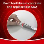 Graphic showing a hand inserting a AAA battery into a Colgate 360 toothbrush with text about replaceable AAA battery