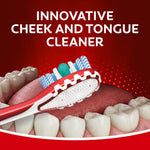 Illustration of a Colgate 360 toothbrush cheek and tongue cleaner positioned over teeth and tongue with descriptive text