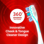 Colgate 360 toothbrush angled to show cheek and tongue cleaner with circular badge reading ‘360° Advanced Whitening’