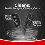 Illustration showing toothbrush cleaning areas labeled 'Teeth, Tongue, Cheeks, Gums' with two charcoal brush heads.