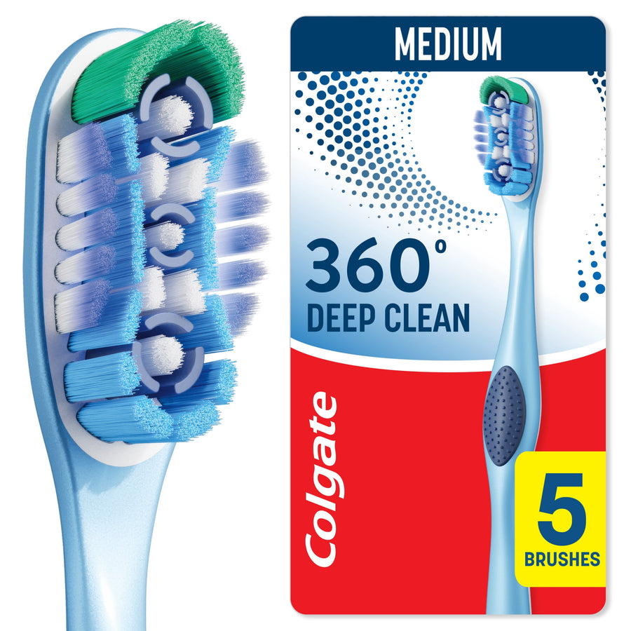 Close-up product card showing Colgate 360° Deep Clean toothbrush head and medium firmness label