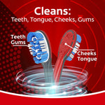 Two Colgate 360 toothbrushes shown from front and back with callouts 'Cleans: Teeth, Tongue, Cheeks, Gums' on red background