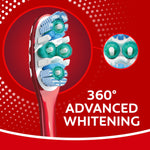 Red promotional image of a Colgate 360 toothbrush head with inset detail circle and '360° ADVANCED WHITENING' text