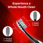 Close-up diagram of Colgate 360 toothbrush head illustrating features for teeth, gums, tongue and cheeks on a red background