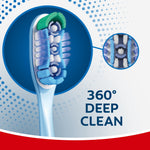 Illustration of Colgate 360° Deep Clean toothbrush head with magnified bristle detail and branding