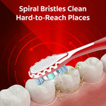 Illustration of a Colgate 360 toothbrush cleaning along tooth surfaces with text ‘Spiral Bristles Clean Hard-to-Reach Places’