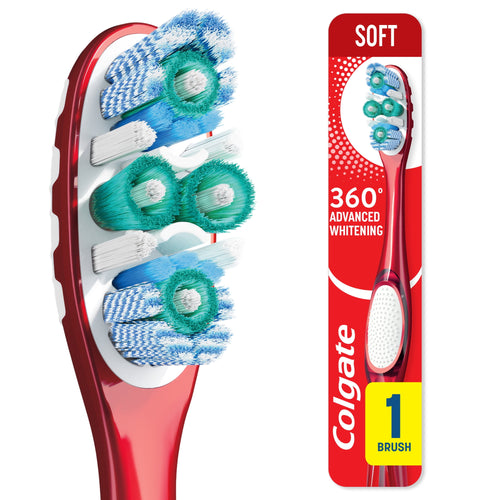 Detailed view of Colgate 360 toothbrush head showing patterned bristles alongside its red retail blister card