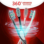Graphic display of multiple Colgate 360 toothbrush heads and handles with swirling motion effects and ‘360° Advanced Whitening’ headline