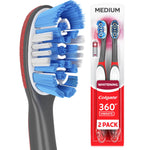 Close-up of Colgate 360 toothbrush head with blue and white bristles beside packaged two-pack of Colgate 360 vibrate toothbrushes