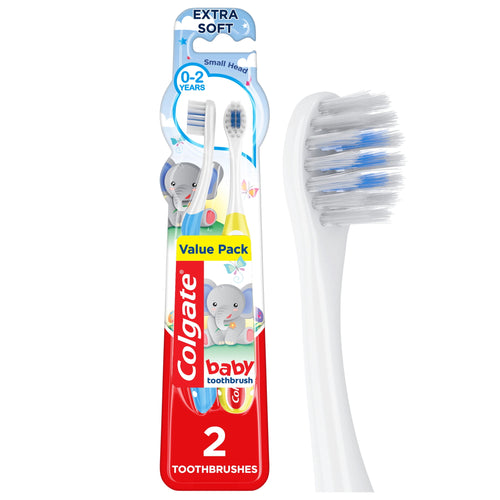 Colgate baby toothbrush value pack in blister card showing two extra-soft small-head toothbrushes with elephant design