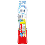 Studio shot of Colgate baby toothbrush value pack in blister packaging showing two extra-soft small-head brushes and red Colgate branding