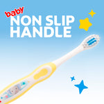 Close-up of a Colgate baby toothbrush head and yellow non-slip handle with stars and text saying non slip handle