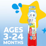Colgate baby toothbrush blister pack on a blue background with large text reading ages 3-24 months