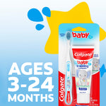 Colgate baby training toothpaste and toothbrush blister pack shown on illustrated blue background with large text 'ages 3-24 months'