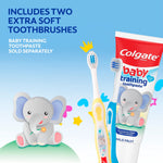 Product lifestyle graphic showing two Colgate baby toothbrushes and a tube of Colgate baby training toothpaste with elephant illustration