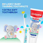 Colgate baby training toothpaste tube and extra-soft toothbrush displayed with an illustrated elephant and text listing included items