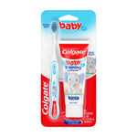 Colgate baby training toothpaste tube and matching extra-soft baby toothbrush in retail blister pack with elephant artwork
