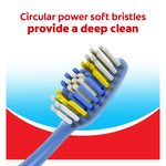 Close-up angled view of a blue toothbrush head highlighting circular soft bristles with text ‘Circular power soft bristles provide a deep clean’.