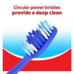 Graphic close-up of a blue Colgate toothbrush head with circular power bristles and slogan about deep cleaning