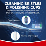 Informational graphic of a Colgate toothbrush profile showing bristles and polishing cups with labeled callouts for teeth, gums, cheeks and tongue