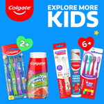 Promotional graphic with Colgate logo and assortment of Colgate kids oral care products against a blue background